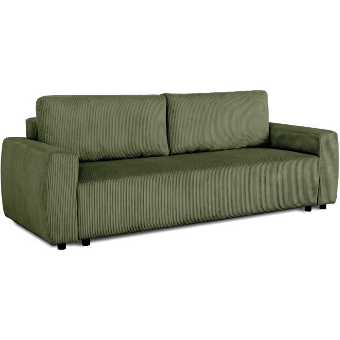 Canapé convertible - 3 places - PHARELL - Tissu Velours côtelé Kaki - Coffre - 231 x 84 x 91 cm