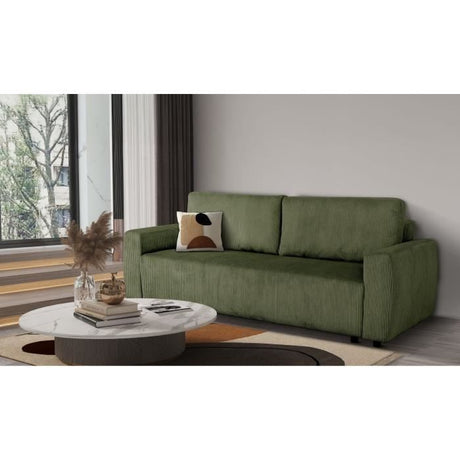 Canapé convertible - 3 places - PHARELL - Tissu Velours côtelé Kaki - Coffre - 231 x 84 x 91 cm