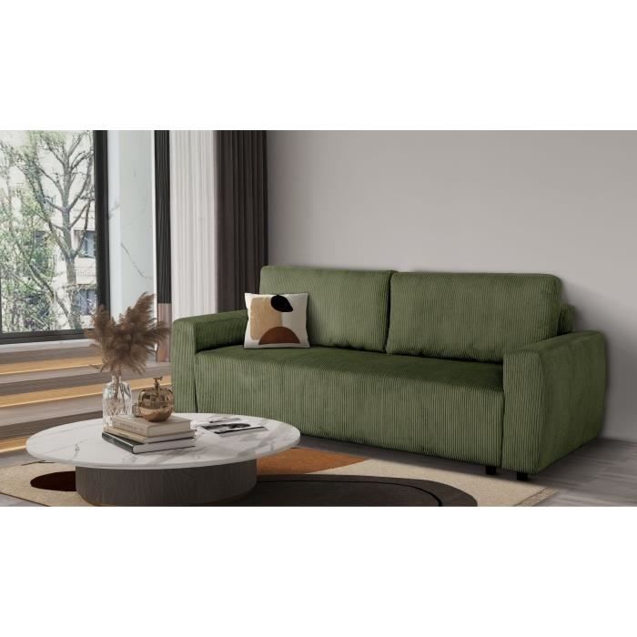Canapé convertible - 3 places - PHARELL - Tissu Velours côtelé Kaki - Coffre - 231 x 84 x 91 cm