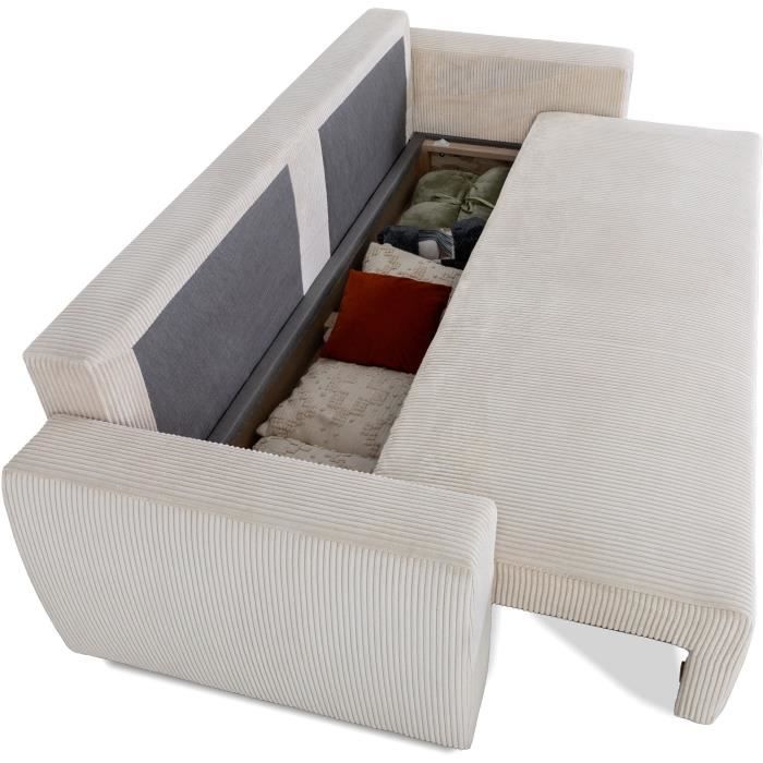 Canapé convertible - 3 places - PHARELL - Tissu Velours côtelé Beige - Coffre - 231 x 84 x 91 cm