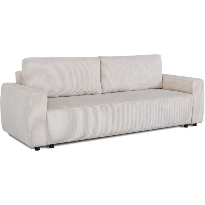 Canapé convertible - 3 places - PHARELL - Tissu Velours côtelé Beige - Coffre - 231 x 84 x 91 cm