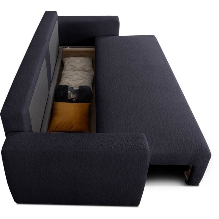 Canapé convertible - 3 places - PHARELL - Tissu Bouclette Noir - Coffre - 231 x 91 x 84 cm