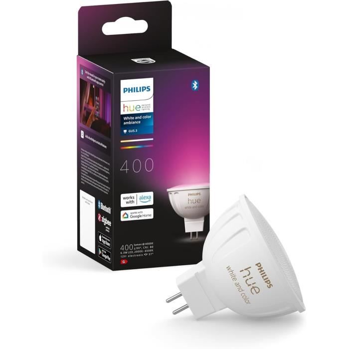 Ampoule connectée - PHILIPS HUE - MR16 - Lumiere blanche et colorée - Compatible bluetooth - Fonctionne avec App et voix