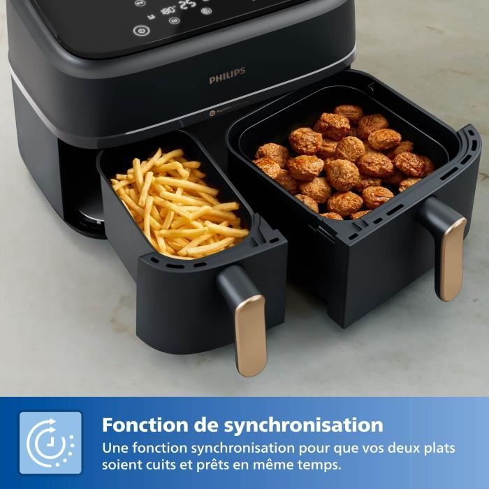 Friteuse sans huile - PHILIPS - NA352/04 - Airfryer Série 3000 double panier 9L avec accessoire - 8 préréglages - 2750W - Noir/Doré