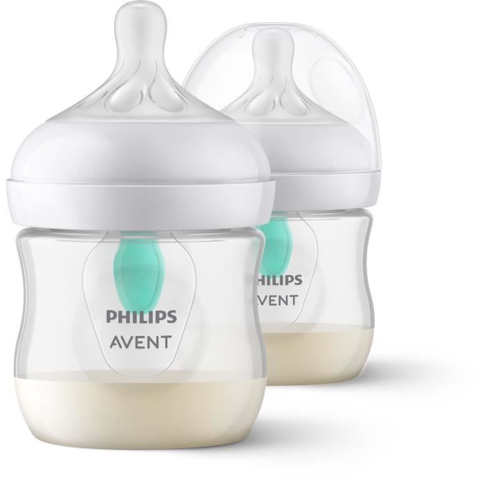 Lot de 2 biberons - PHILIPS AVENT- Natural 3.0 - Anti-colique - 125 ml - AirFree - Tétine imitant la forme du sein - Blanc