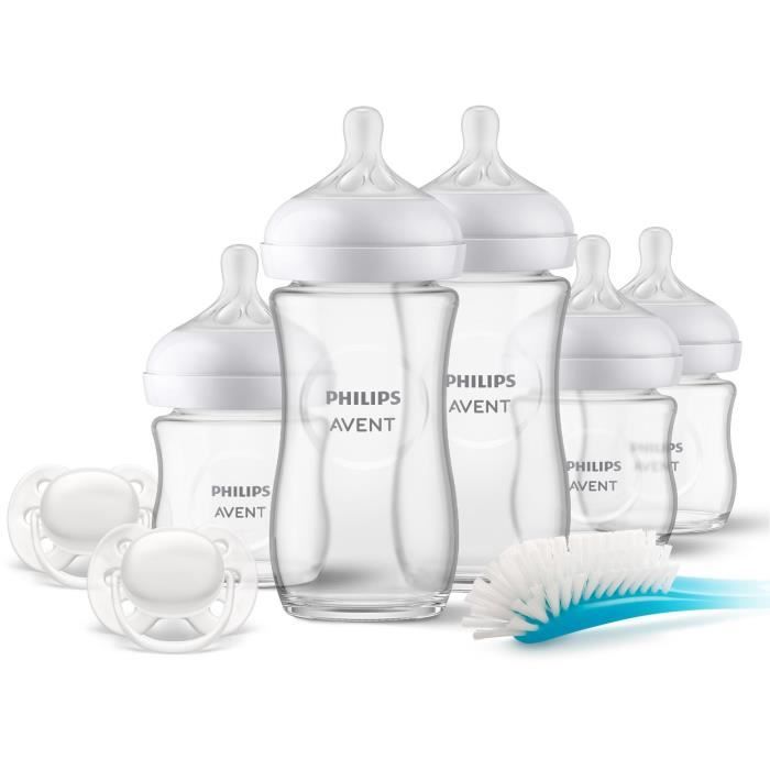 Kit nouveau-né - PHILIPS AVENT - Natural Verre 3.0 - 3 Biberons 120ml + 2 Biberons 240ml + Sucettes Ultra Douce 0-6M + Goupillon