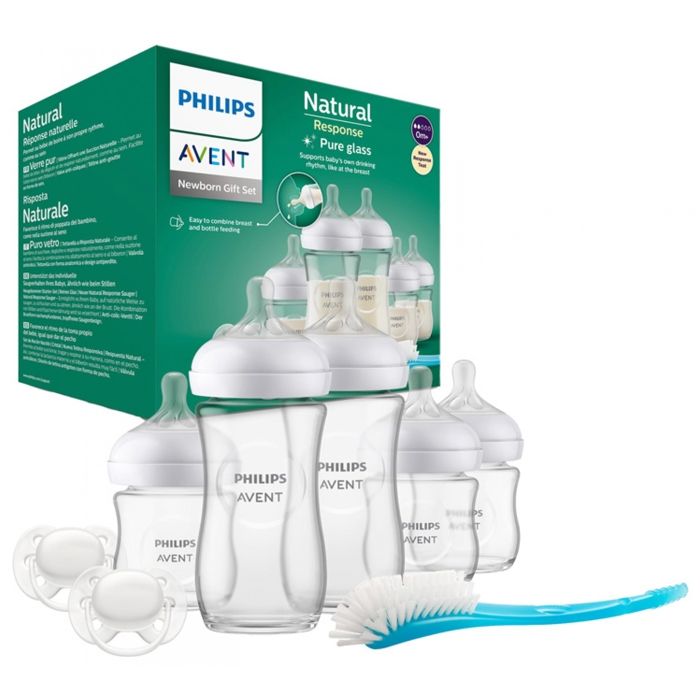 Kit nouveau-né - PHILIPS AVENT - Natural Verre 3.0 - 3 Biberons 120ml + 2 Biberons 240ml + Sucettes Ultra Douce 0-6M + Goupillon