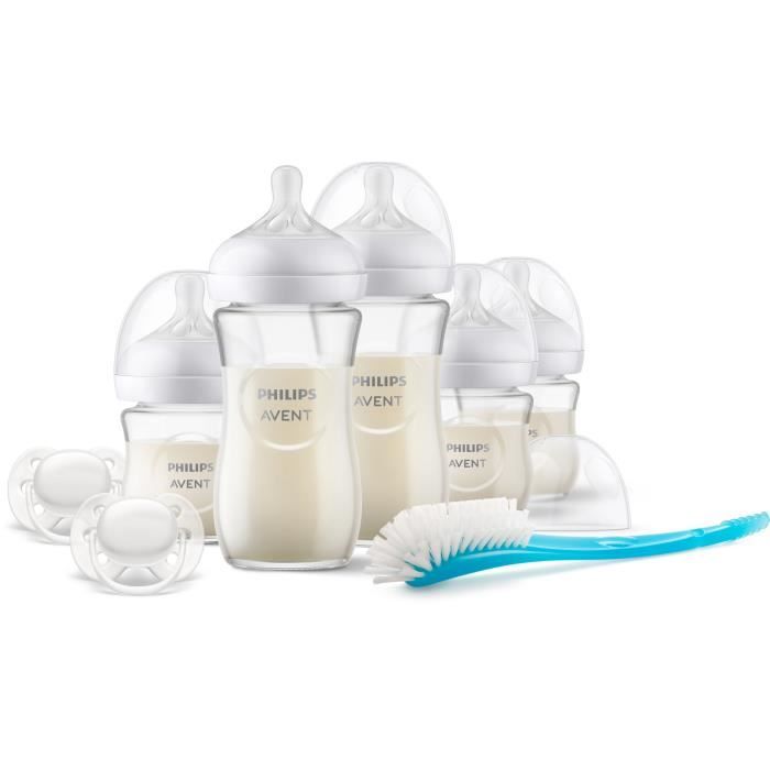 Kit nouveau-né - PHILIPS AVENT - Natural Verre 3.0 - 3 Biberons 120ml + 2 Biberons 240ml + Sucettes Ultra Douce 0-6M + Goupillon