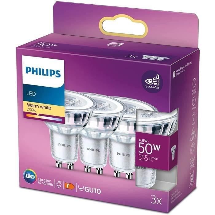 Ampoules LED GU10 Philips - Pack de 3 - 50W - Blanc chaud - Éclairage intérieur