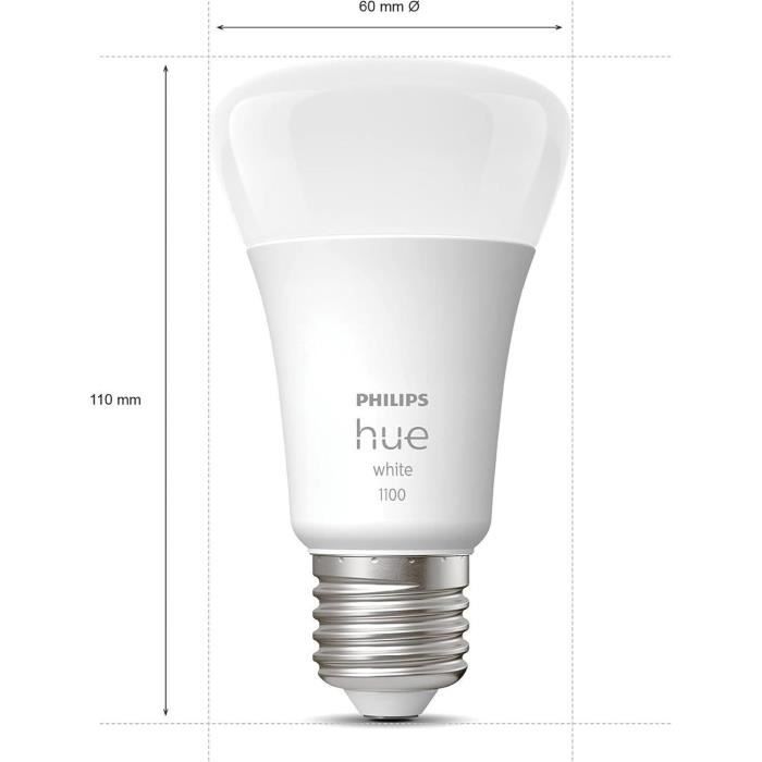 Lot de 2 ampoules LED connectée - PHILIPS HUE White - 929002469205 - E27 - Equivalent 75 W - 1100 lumens - Bluetooth