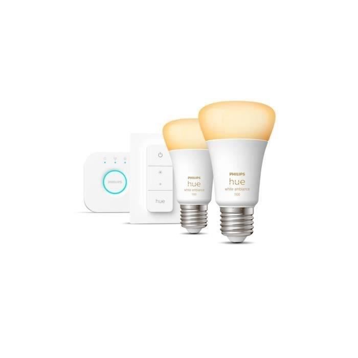 Philips Hue - Kit démarrage ampoule LED connectée White - 10,5W - Lot 2 E27 - Télécommande Hue