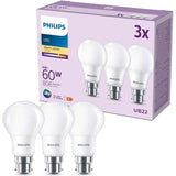Ampoule LED - PHILIPS - 60 W - B22 - Blanc chaud - Dépolie - Non-Dimmable - 3 pieces