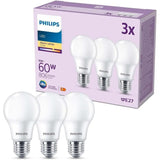 Ampoule LED - PHILIPS - 60 W - E27 - Blanc chaud - Dépolie - Non-Dimmable - 3 pieces