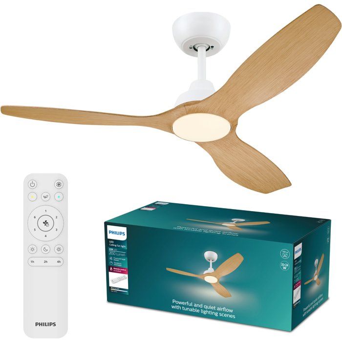 Ventilateur de plafond - Philips - Olas - Pales fixes - Diametre 132 cm - Blanc/Bois - LED intégrée + télécommande