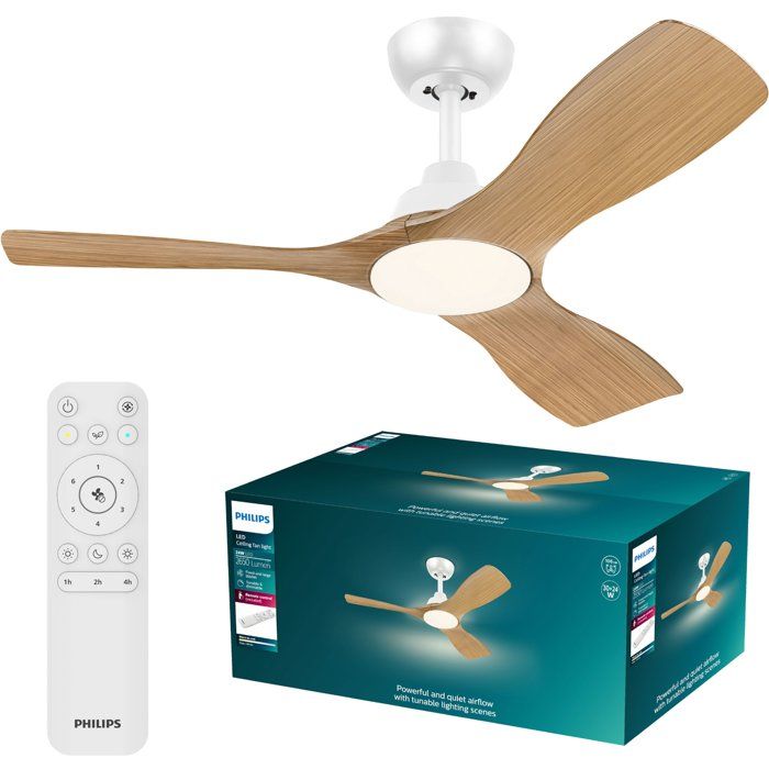 Ventilateur de plafond - Philips - Olas - Pales fixes - Diametre 106 cm - Blanc/Bois - LED intégrée + télécommande