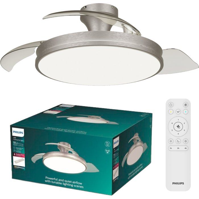 Ventilateur de plafond - Philips - Atlas - Pales rétractables - Diametre 106 cm - Nickel - LED intégrée + télécommande