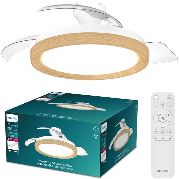 Ventilateur de plafond - Philips - Bliss - Pales rétractables - Diametre 106 cm -Bois - LED intégrée + télécommande