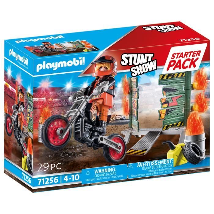 PLAYMOBIL 71256 Starter Pack Cascadeur, Moto Rutilante, Rampe de Feu, 29 pieces, Des 4 ans