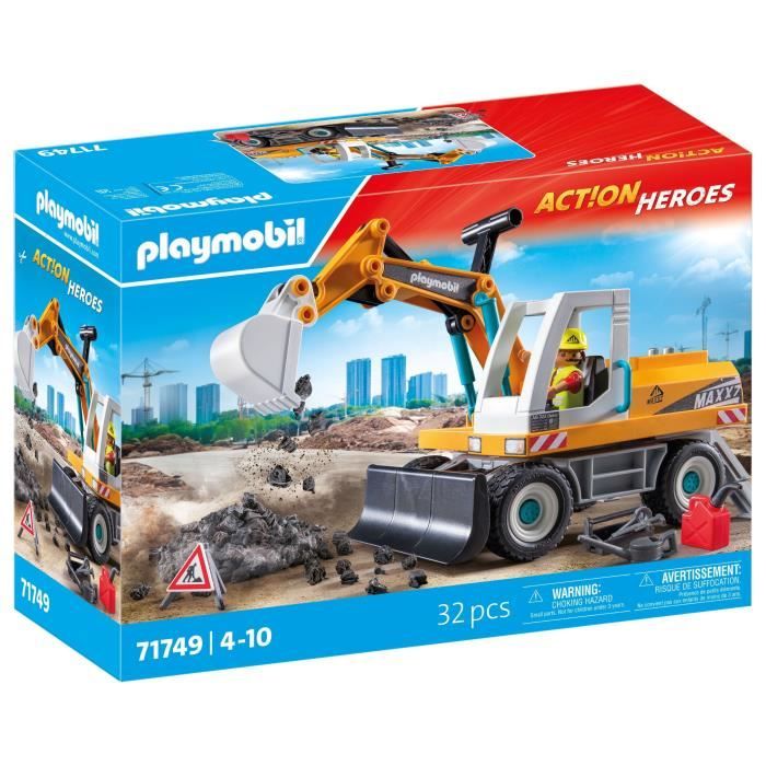 PLAYMOBIL 71749 Pelleteuse mécanique et ouvrier, Action Heroes, La construction, 31 pieces, Des 4 ans