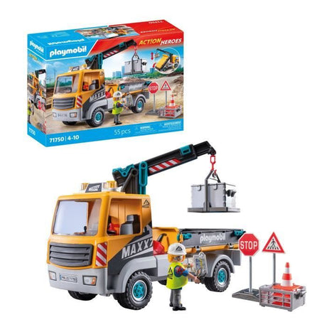 PLAYMOBIL 71750 Camion de chantier avec grue, ouvrier & accessoires, Action Heroes, La construction, 55 pieces, Des 4 ans