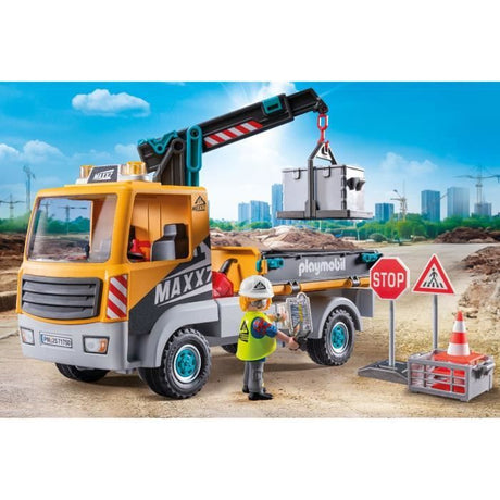 PLAYMOBIL 71750 Camion de chantier avec grue, ouvrier & accessoires, Action Heroes, La construction, 55 pieces, Des 4 ans