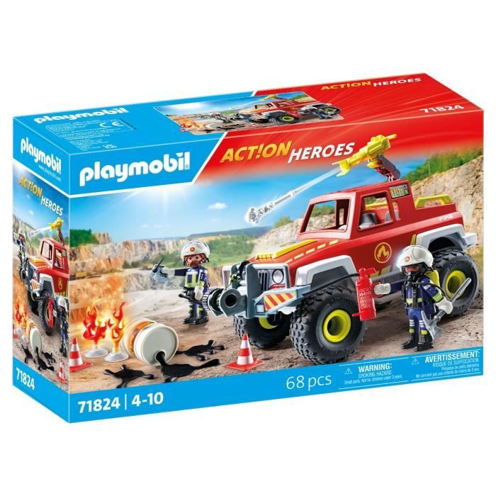 PLAYMOBIL 71824 Véhicule de pompiers avec bidon d'essence enflammé, Action Heroes, Les pompiers, 68 pieces, Des 4 ans