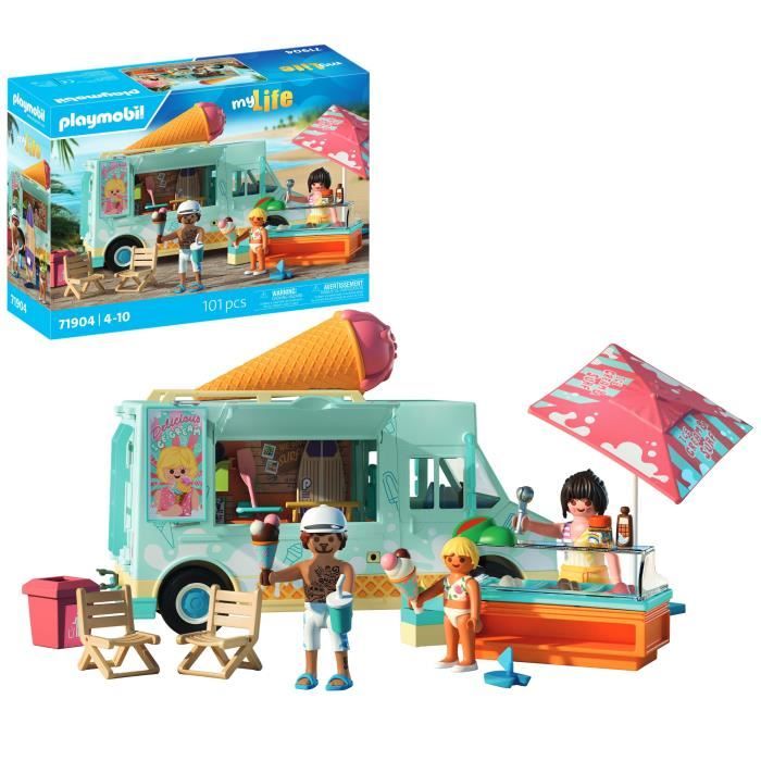 Playmobil 71904 Camion vendeur de glaces & 3 personnages, My Life Vacances a la plage, Design rétro années 50, 101 pieces, des 4 ans