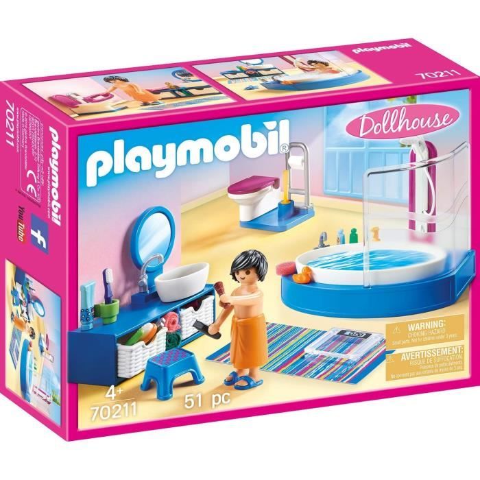 PLAYMOBIL 70211 Salle de bain avec baignoire, Dollhouse La Maison Traditionnelle, 51 pieces, Des 4 ans