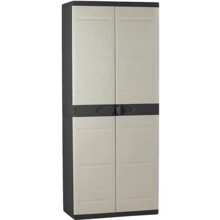 Armoire haute avec étageres - PLASTIKEN - Titanium - 70 x 44 x 176 cm - Beige et Noir