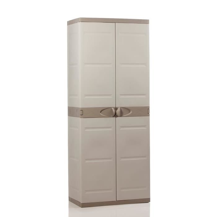 TITANIUM PLASTIKEN Armoire 2 portes avec étageres et penderie l70 x p44 x h176 cm Beige et Taupe Gamme TITANIUM Intérieur/Extérieur