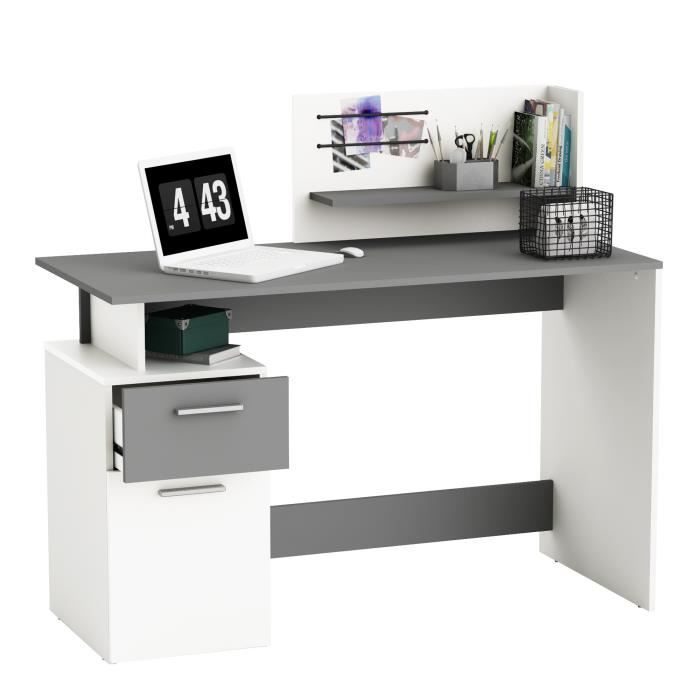 Bureau droit - Blanc et gris - Contemporain - L 121,5 x H 109,7 x P 55,1 cm - 1 porte 1 tiroir - PLATON