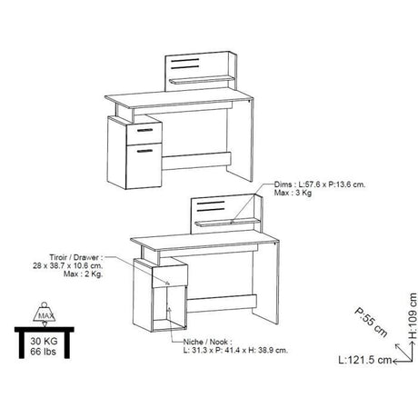 Bureau droit - Blanc et gris - Contemporain - L 121,5 x H 109,7 x P 55,1 cm - 1 porte 1 tiroir - PLATON