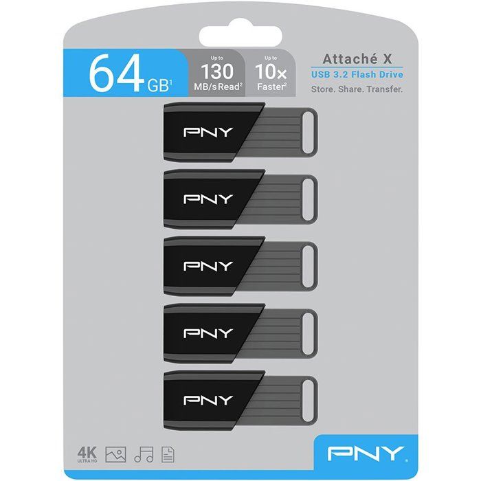 Pack de 5 Clés USB 3.2 - PNY - Attaché X - 64 Go - Jusqu'a 130 Mo/s