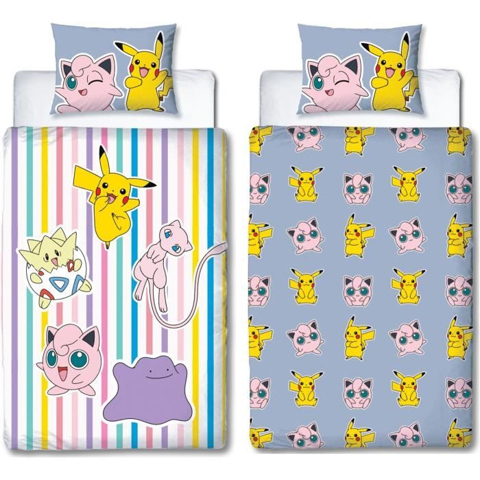Parure de lit réversible - POKEMON - Pikachu, Mew, Togepi, Jigglypuff & Métamorph - Microfibre - 140 x 200 cm + 1 taie 63 x 63 cm