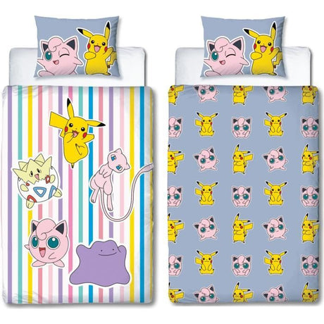 Parure de lit réversible - POKEMON - Pikachu, Mew, Togepi, Jigglypuff & Métamorph - Microfibre - 140 x 200 cm + 1 taie 63 x 63 cm