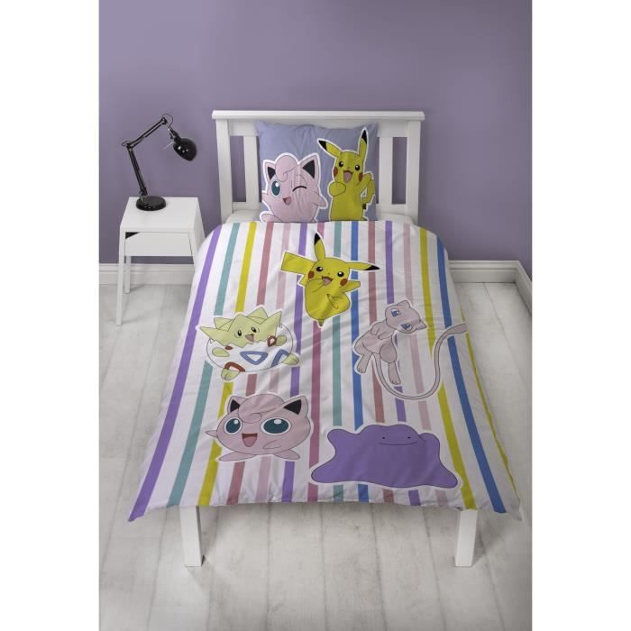 Parure de lit réversible - POKEMON - Pikachu, Mew, Togepi, Jigglypuff & Métamorph - Microfibre - 140 x 200 cm + 1 taie 63 x 63 cm