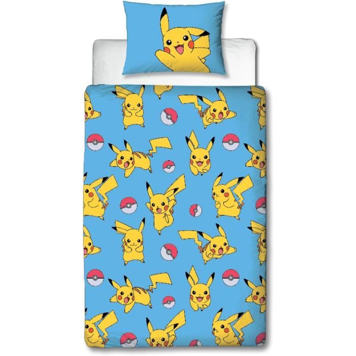 Parure de lit réversible - POKEMON - Pikachu et ses amis - Microfibre - 1 housse de couette 140 x 200 cm + 1 taie 63 x 63 cm
