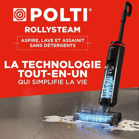 POLTI RollySteam WD40C - Aspirateur Balai Laveur avec Fonction Vapeur - Sans Fil - Puissance 14000 Pa - Autonomie 35 min
