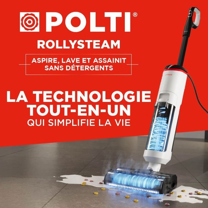 POLTI RollySteam WD10 - Aspirateur Balai Laveur avec Fonction Vapeur - Autonomie illimitée (filaire) - Rayon d'action jusqu'a 6 m