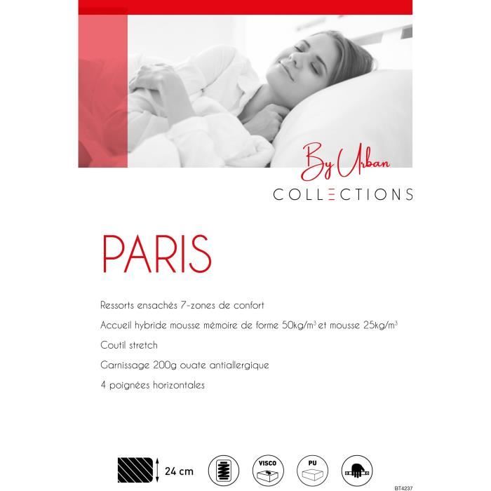 URBAN Collections PARIS Ensemble sommier et matelas 140 x 190cm - 798 Ressorts ensachés et mémoire de forme - 24 cm - Ferme