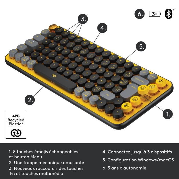 Clavier - Sans fil - Logitech - Pop Keys - AZERTY - Mécanique - Touche Emoji - Jaune