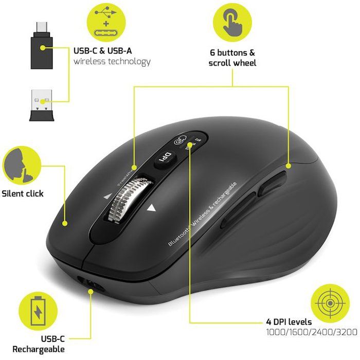 Souris sans fil - PORT Designs - 910202 Business - Bluetooth & 2.4 GHz - Rechargeable - Noir