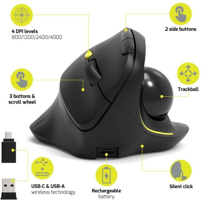 Souris sans fil - PORT Designs - 900719 TRACKBALL ERGO - Bluetooth & 2.4 GHz - Rechargeable - Noir