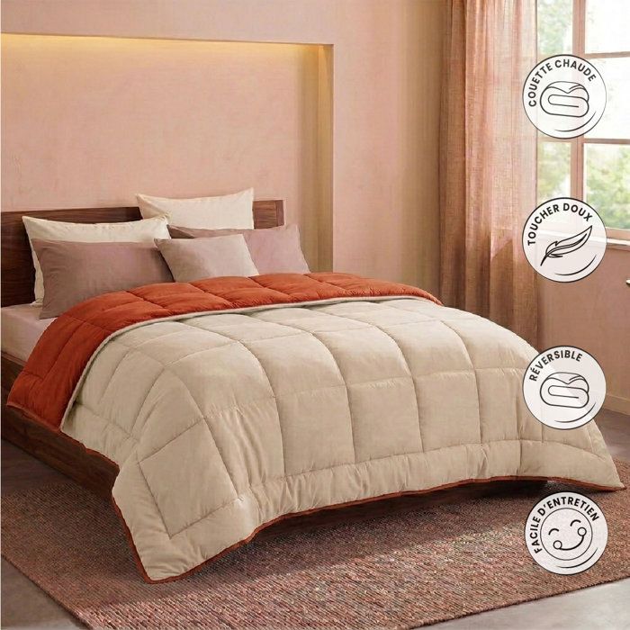 CALGARY - Couette Chaude Microfibre 400gr/m˛ - Gris Galet & Marron Gingembre - 140 x 200 cm