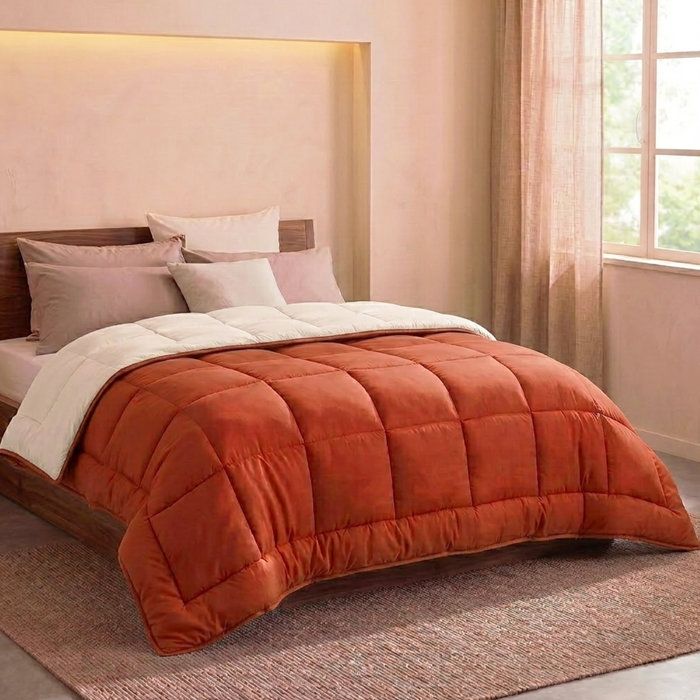 CALGARY - Couette Chaude Microfibre 400gr/m˛ - Gris Galet & Marron Gingembre - 200 x 200 cm