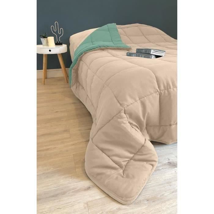 POYET MOTTE Couette Microfibre 400g/m² CALGARY - 200 x 200 cm - Beige galet et Vert lac