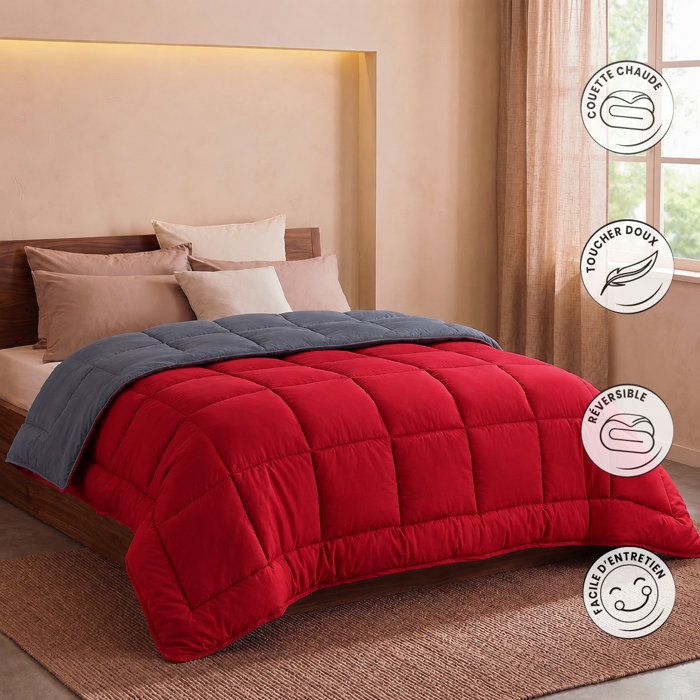 HUDSON - Couette Légere Microfibre - 200gr/m2 - Gris & Rouge - 220 x 240 cm
