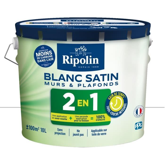 RIPOLIN Peinture blanche pour murs et plafonds avec sous-couche intégré - Blanc satin - 10 L