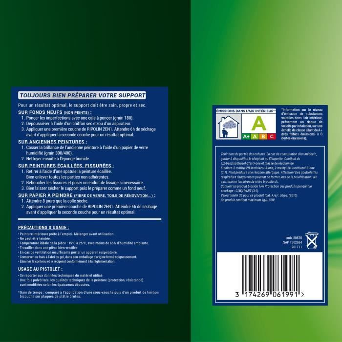 RIPOLIN Peinture blanche pour murs et plafonds - sous-couche intégrée - Blanc satin - 10 L
