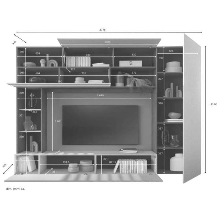 Composition murale TV - PRATO - Gris effet pierre - 277 x 40 x 210 cm
